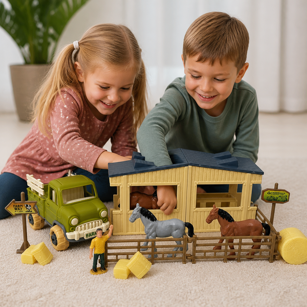 DIY zerlegbares Bauernhof-LKW- & Pferdestall-Spielset für Kinder