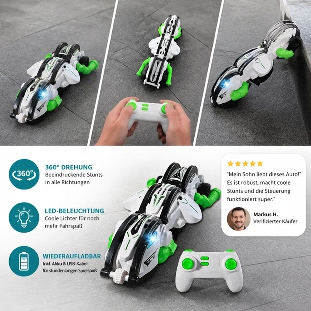 2-in-1 ferngesteuertes verwandelbares Stuntauto mit 360°-Drehung & LED-Lichtern