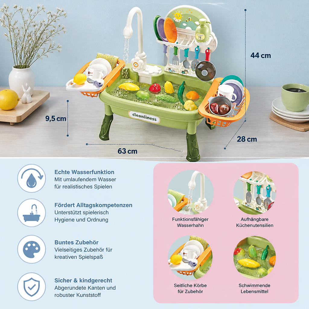 Sommer Kinder-Spielküche mit Wasserfunktion – Spülbecken-Spielset mit Zubehör für realistischen Spielspaß