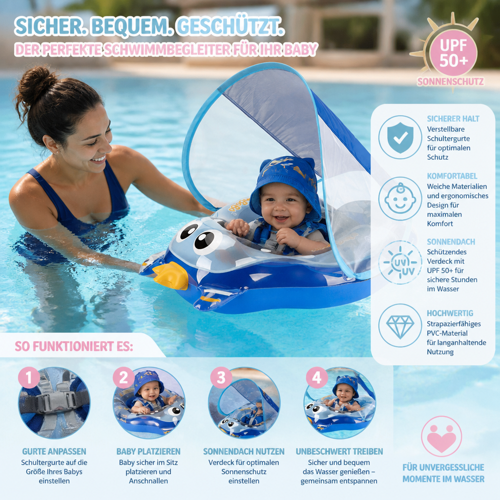 Aufblasbarer Baby-Schwimmring mit Schultergurten & Sonnendach – Sicherer Pool-Sitz für Babys