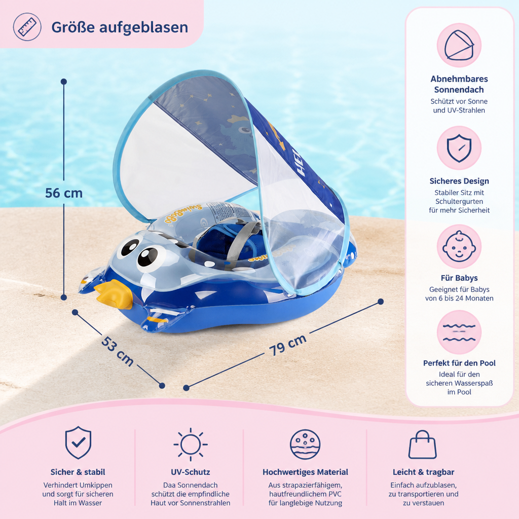 Aufblasbarer Baby-Schwimmring mit Schultergurten & Sonnendach – Sicherer Pool-Sitz für Babys