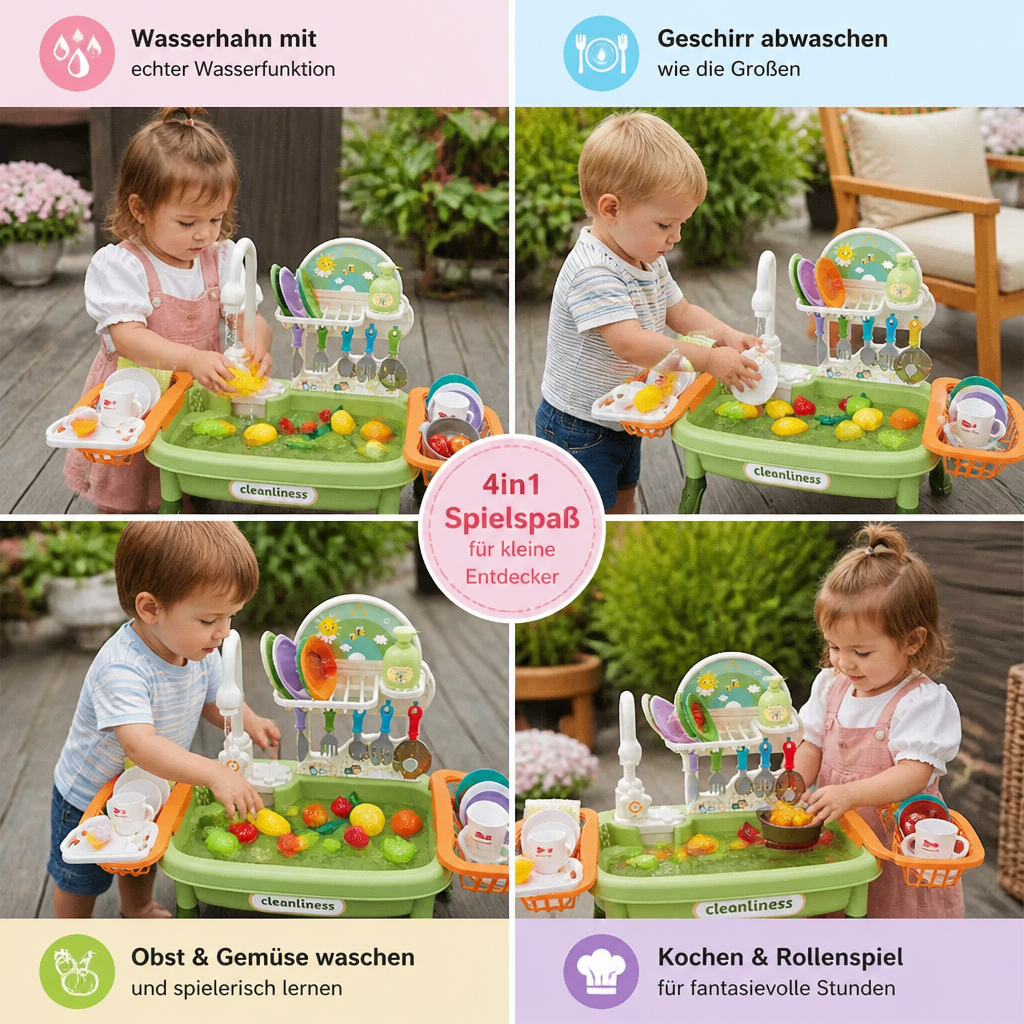 Sommer Kinder-Spielküche mit Wasserfunktion – Spülbecken-Spielset mit Zubehör für realistischen Spielspaß