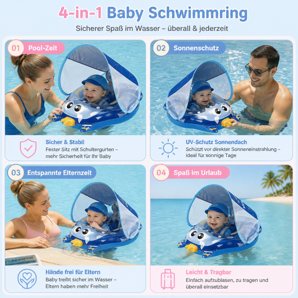 Aufblasbarer Baby-Schwimmring mit Schultergurten & Sonnendach – Sicherer Pool-Sitz für Babys