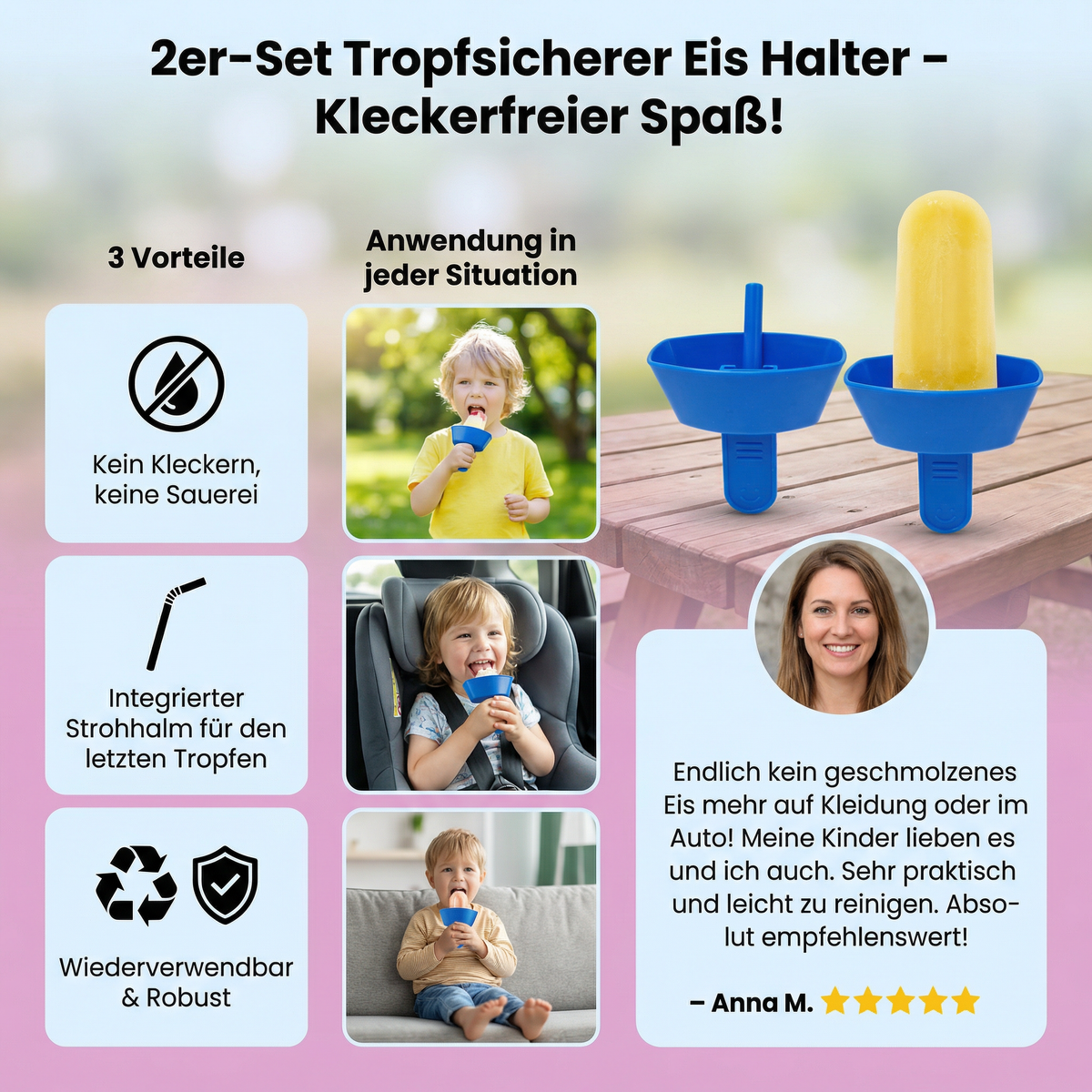 2er-Set Tropfsicherer Eis Halter für Kinder – Kleckerfreier Eisfänger mit Strohhalm