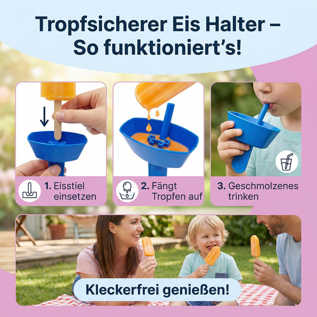 2er-Set Tropfsicherer Eis Halter für Kinder – Kleckerfreier Eisfänger mit Strohhalm