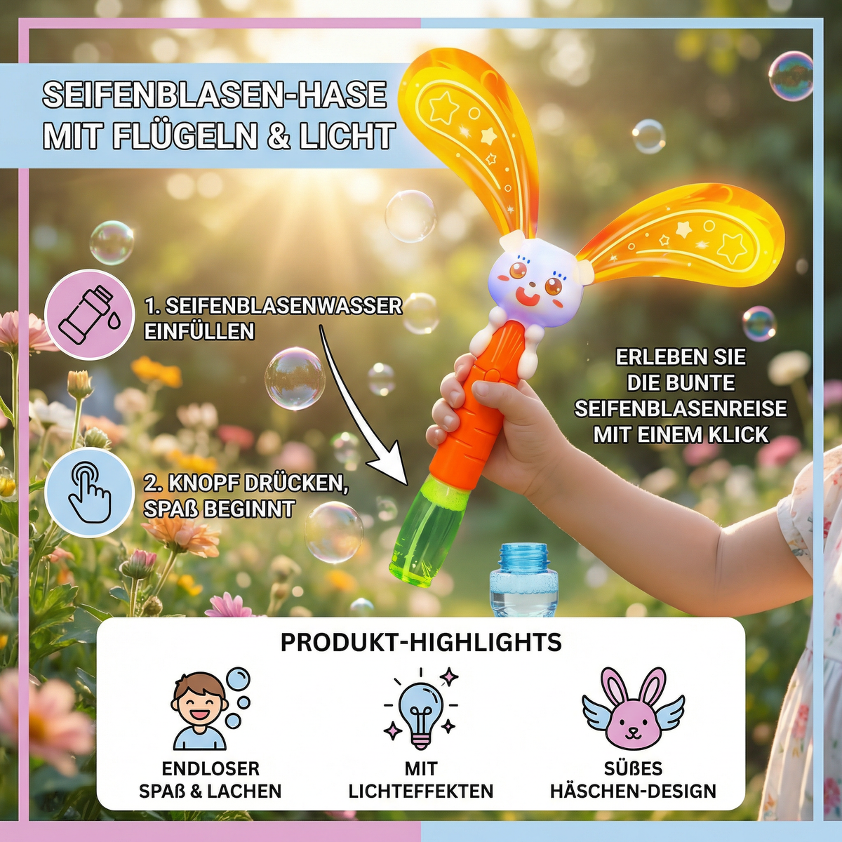 Seifenblasen-Hase mit Flügeln & Licht – Kinder Bubble Maker