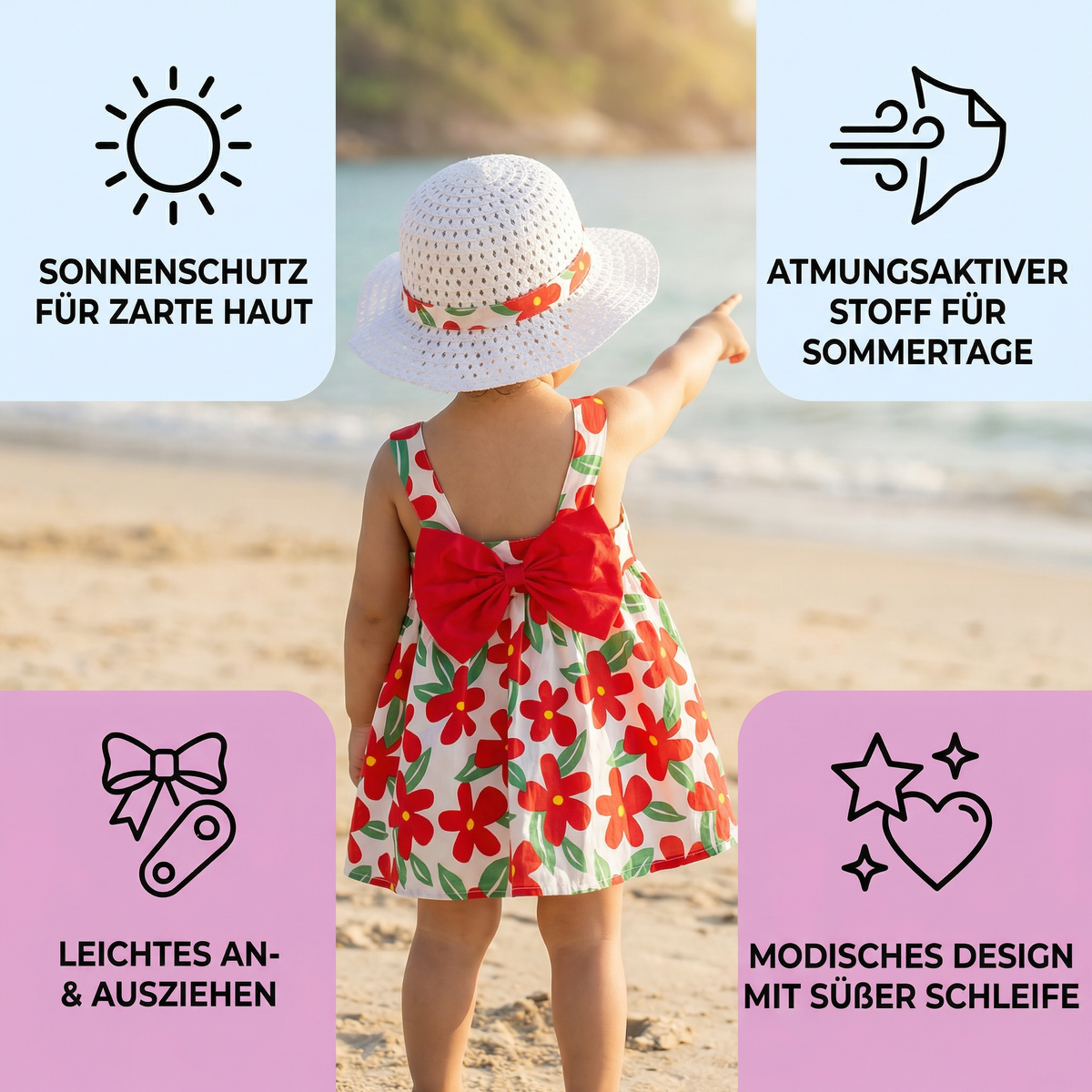 Sommerliches Trägerkleid Set für Baby- & Kleinkinder – Ärmelloses Kleid mit Schleife und Hut