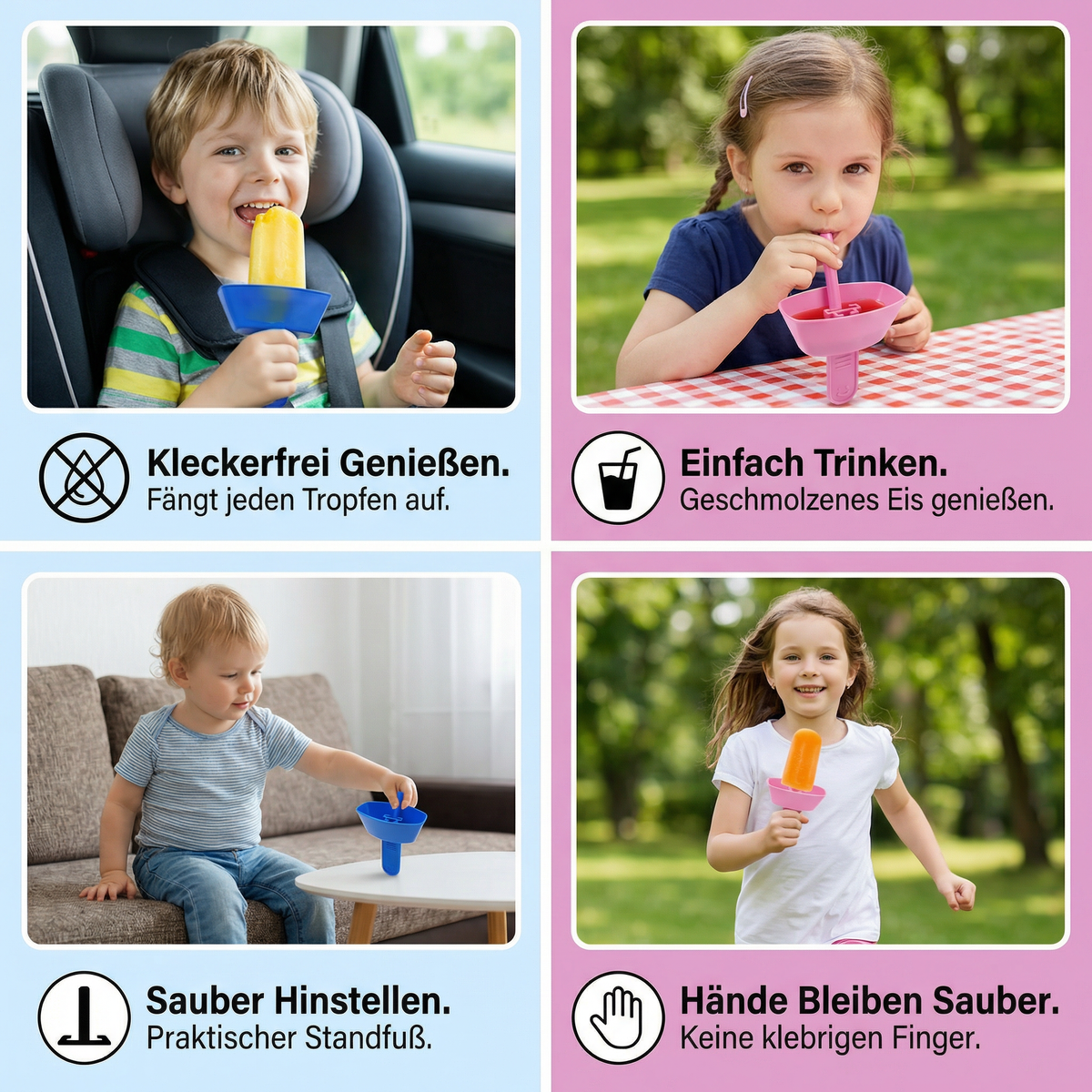 2er-Set Tropfsicherer Eis Halter für Kinder – Kleckerfreier Eisfänger mit Strohhalm