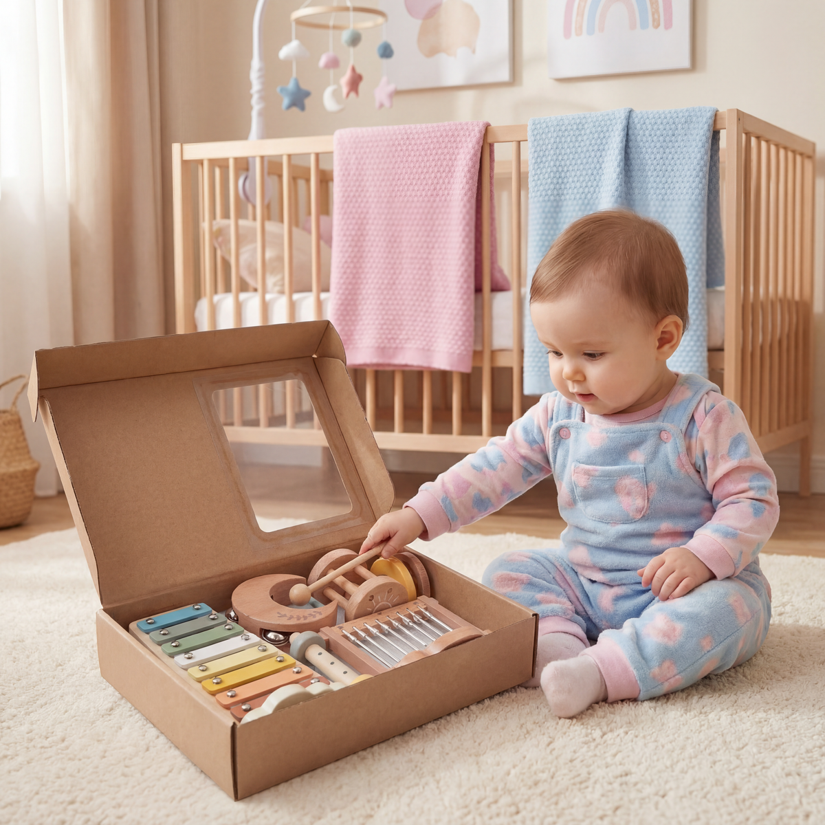 Baby Holz-Klangspiel Set – 6-teiliges sensorisches Musik- & Klangspielzeug