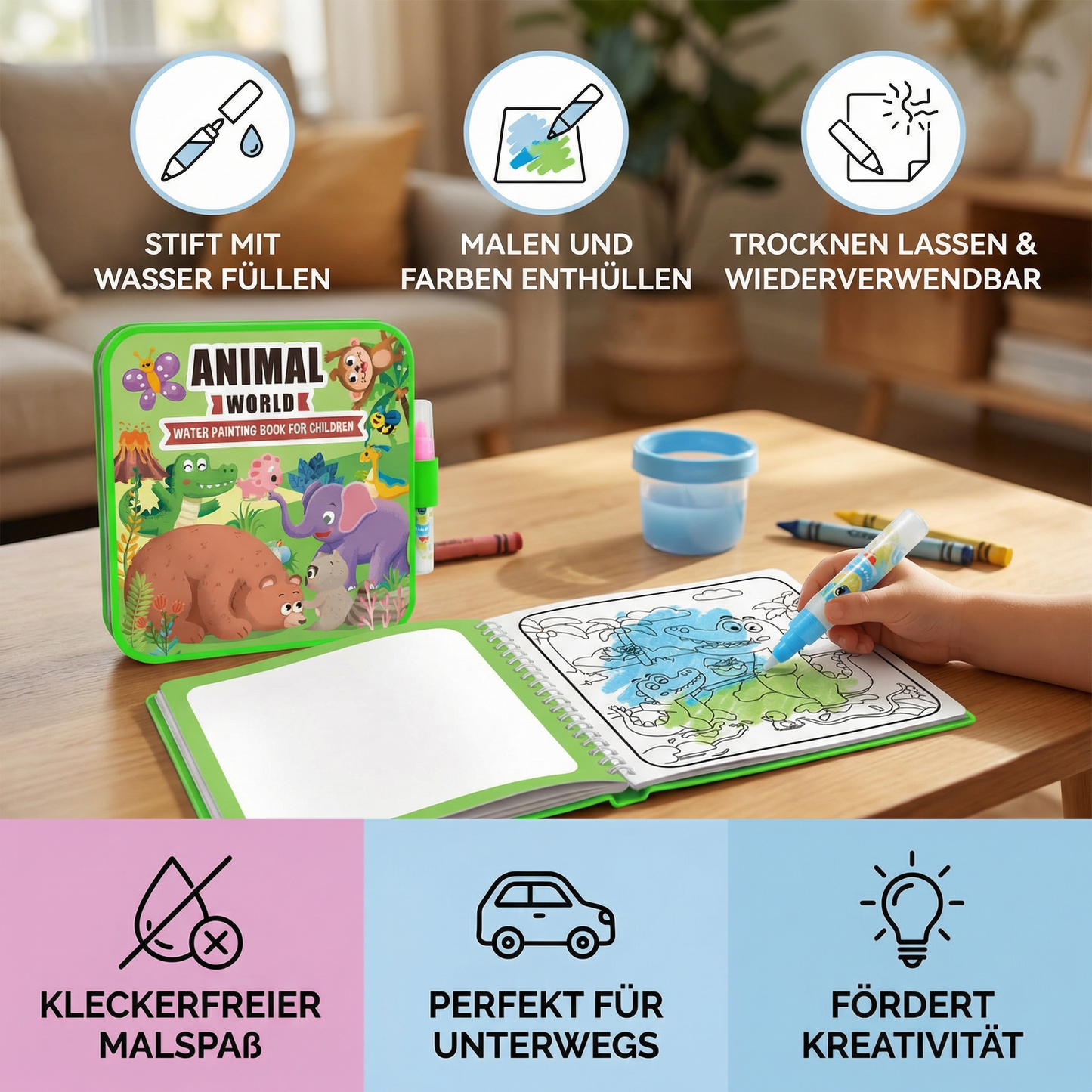 Magisches Wasser-Malbuch – Wiederverwendbares Kleckerfreies Malbuch für Kinder