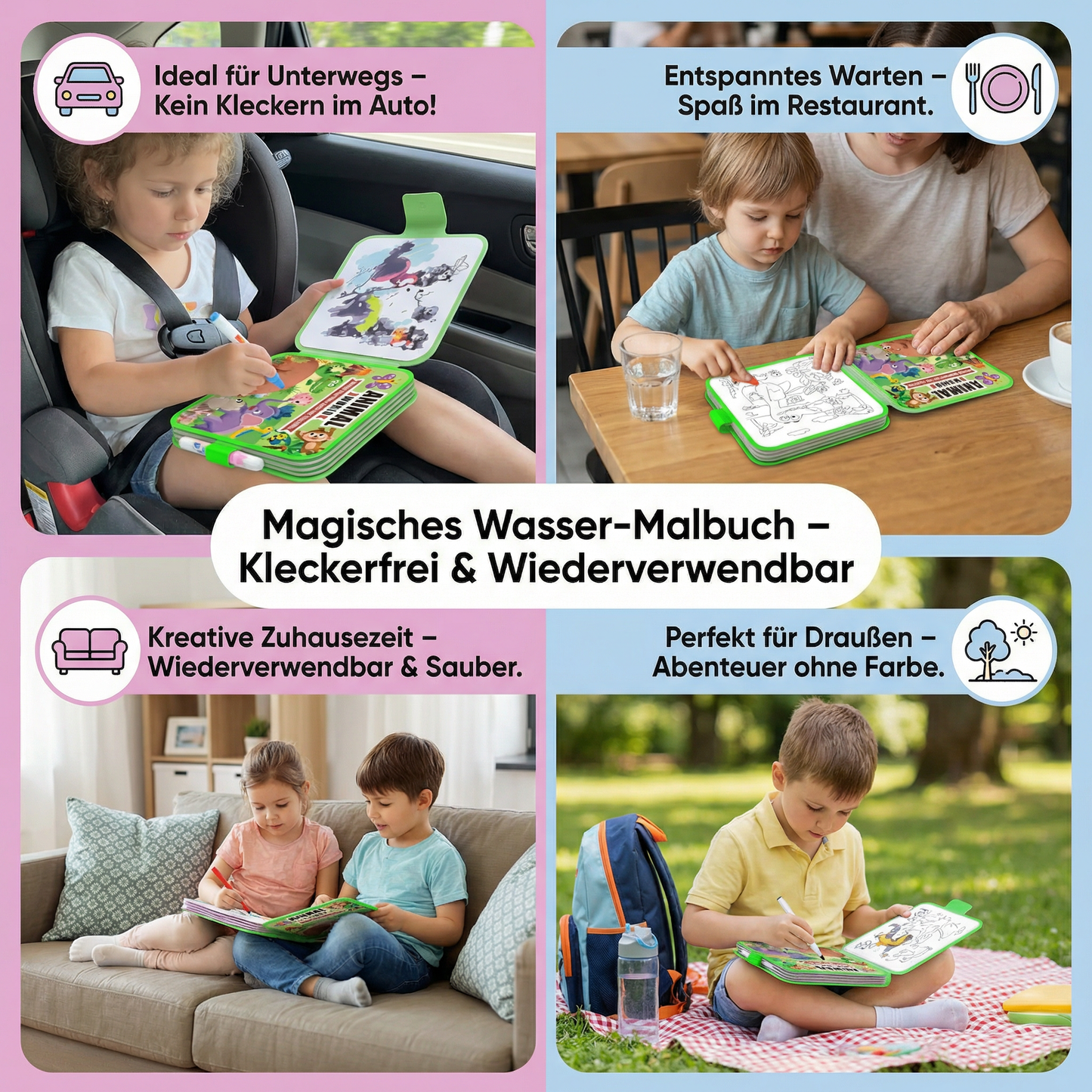 Magisches Wasser-Malbuch – Wiederverwendbares Kleckerfreies Malbuch für Kinder