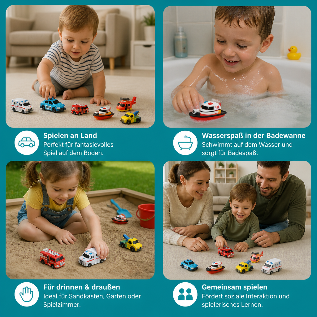 6er-Pack farbwechselnde Einsatzfahrzeug-Badespielzeuge für Babys & Kleinkinder