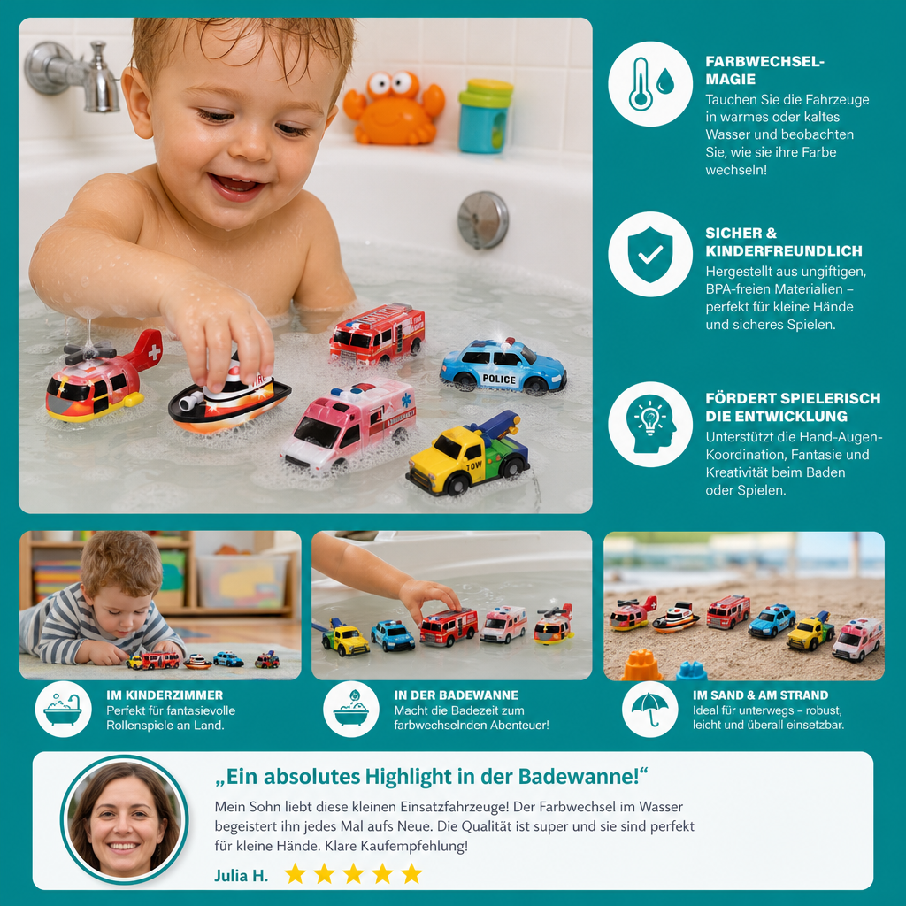 6er-Pack farbwechselnde Einsatzfahrzeug-Badespielzeuge für Babys & Kleinkinder