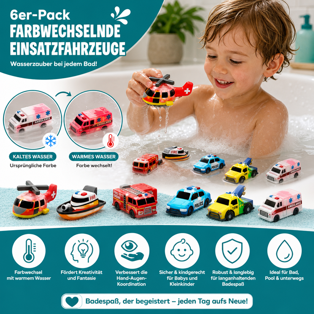 6er-Pack farbwechselnde Einsatzfahrzeug-Badespielzeuge für Babys & Kleinkinder