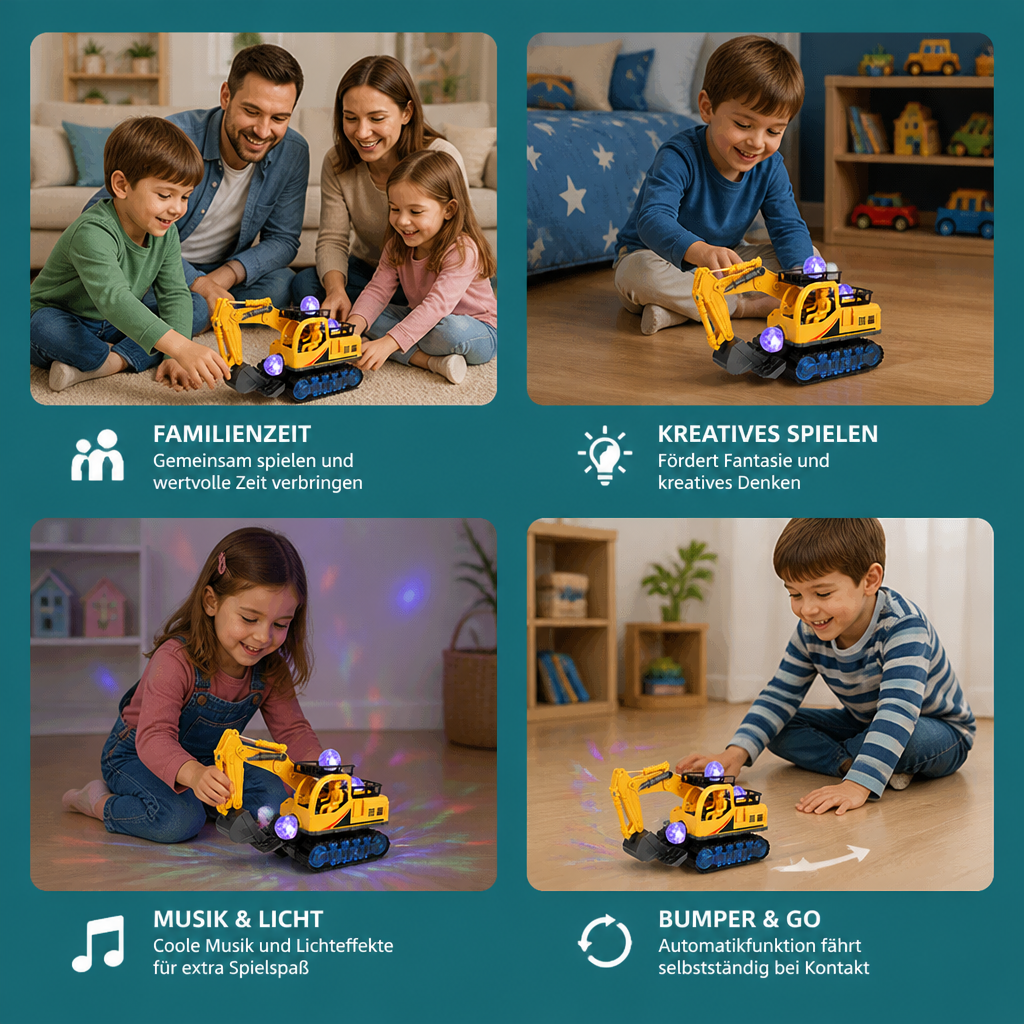 Elektrischer Spielzeugbagger mit Diskokugel, Musik & Bump-and-Go-Funktion