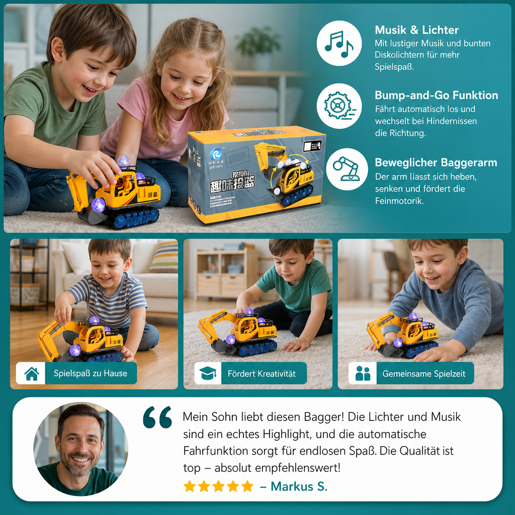 Elektrischer Spielzeugbagger mit Diskokugel, Musik & Bump-and-Go-Funktion