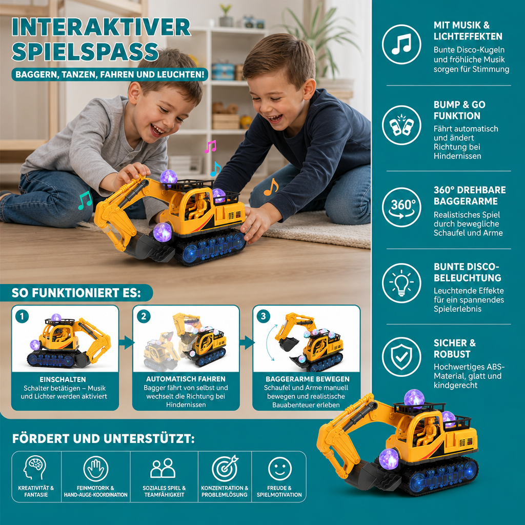 Elektrischer Spielzeugbagger mit Diskokugel, Musik & Bump-and-Go-Funktion