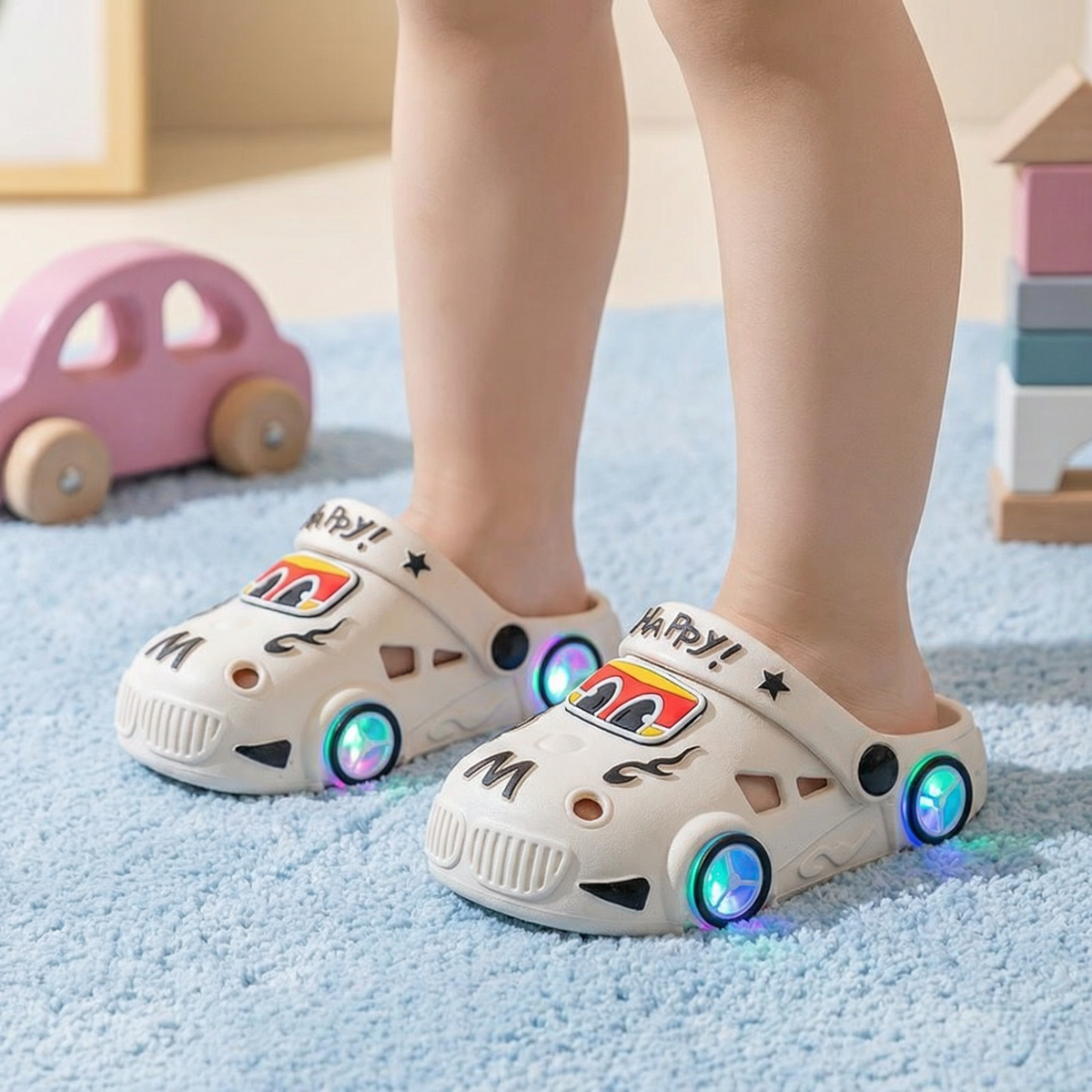 Leuchtende Auto-Kinderslipper – Badeschlappen mit rutschfester Sohle