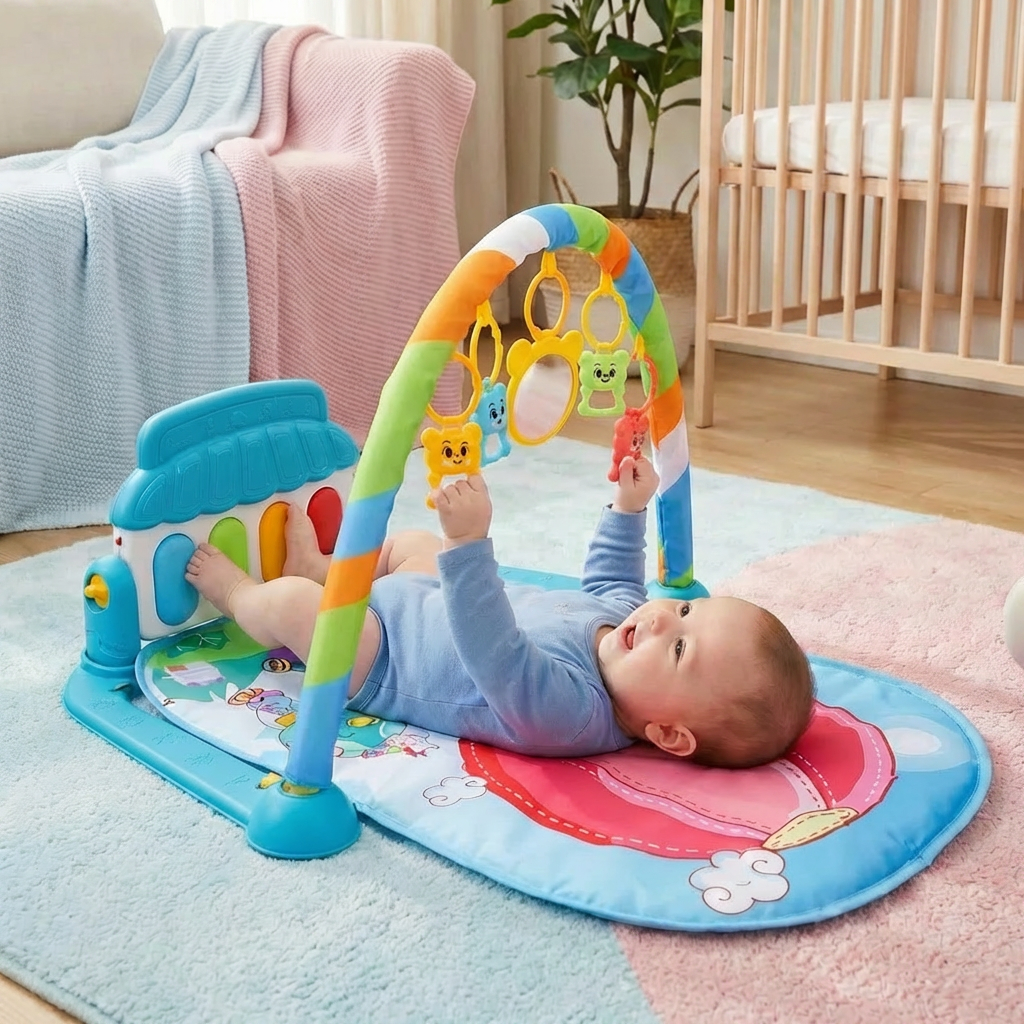 Baby Musik-Spielbogen mit Piano – Interaktive Sensorik Krabbeldecke für 0-24 Monate