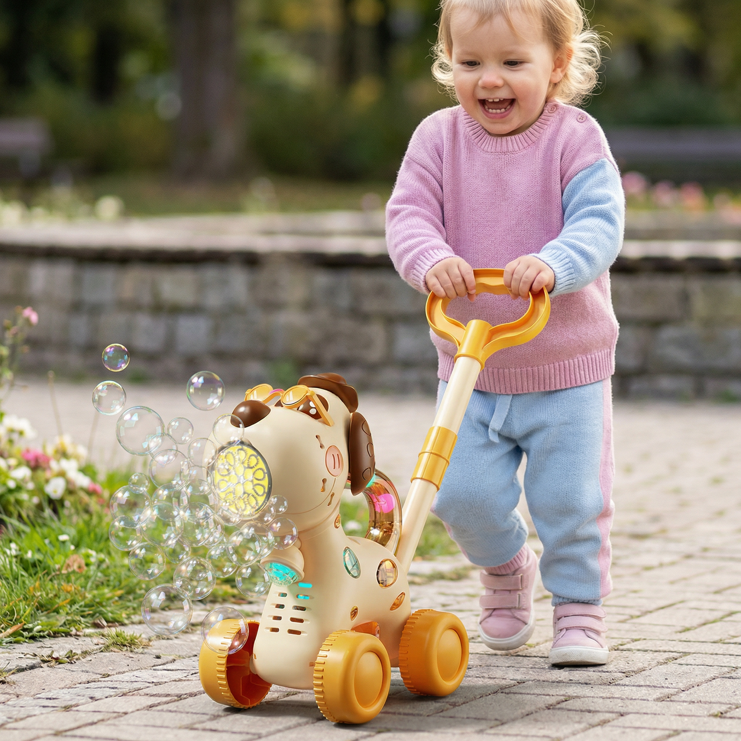 Leuchtender Seifenblasenwagen – Schiebe-Spielzeug für Kinder