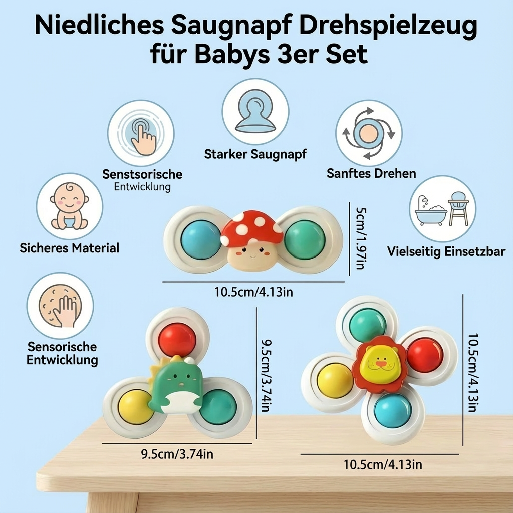 Niedliches Saugnapf Drehspielzeug für Babys 3er Set