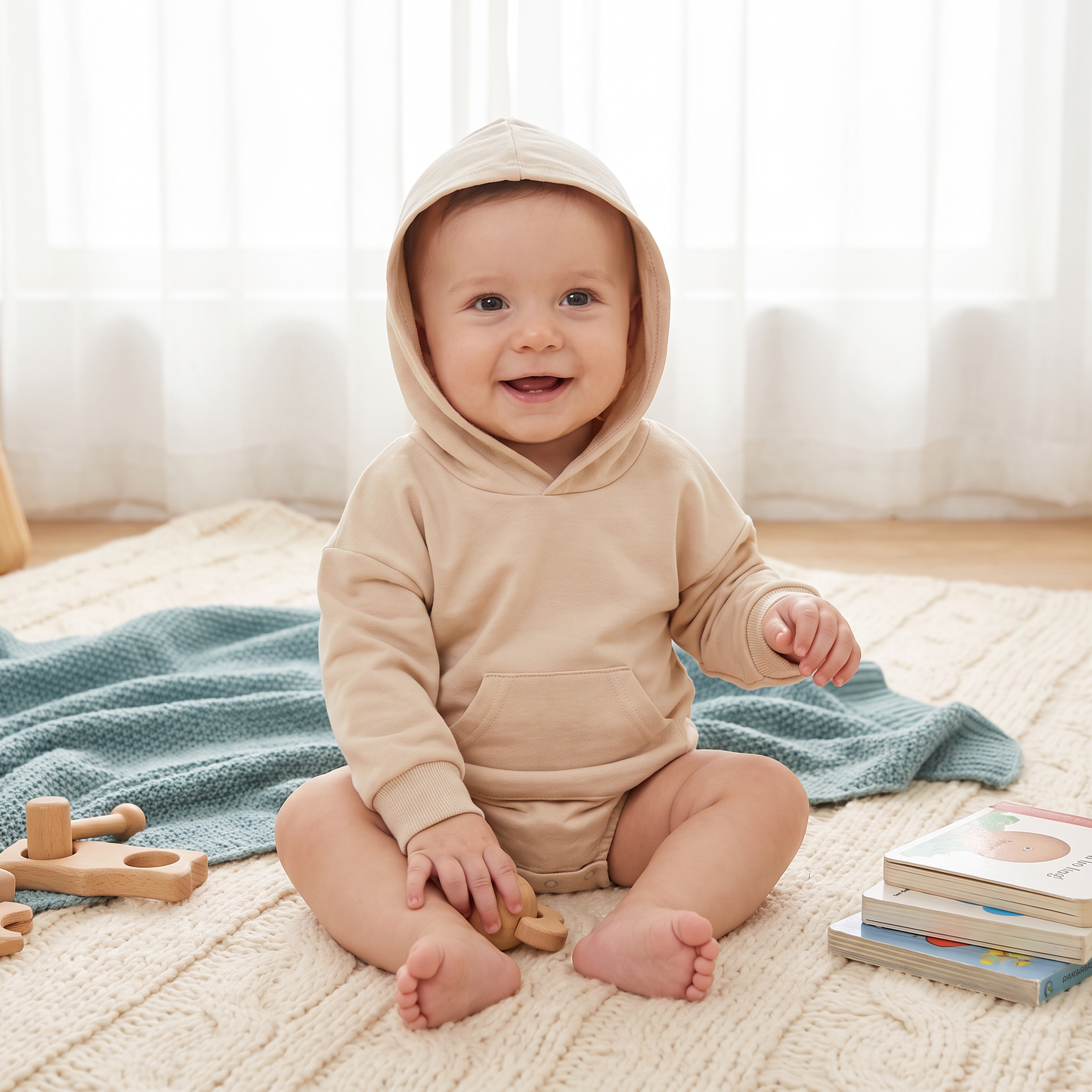 Baby-Strampler mit Kapuze – Weicher Langarm-Einteiler mit Fronttasche