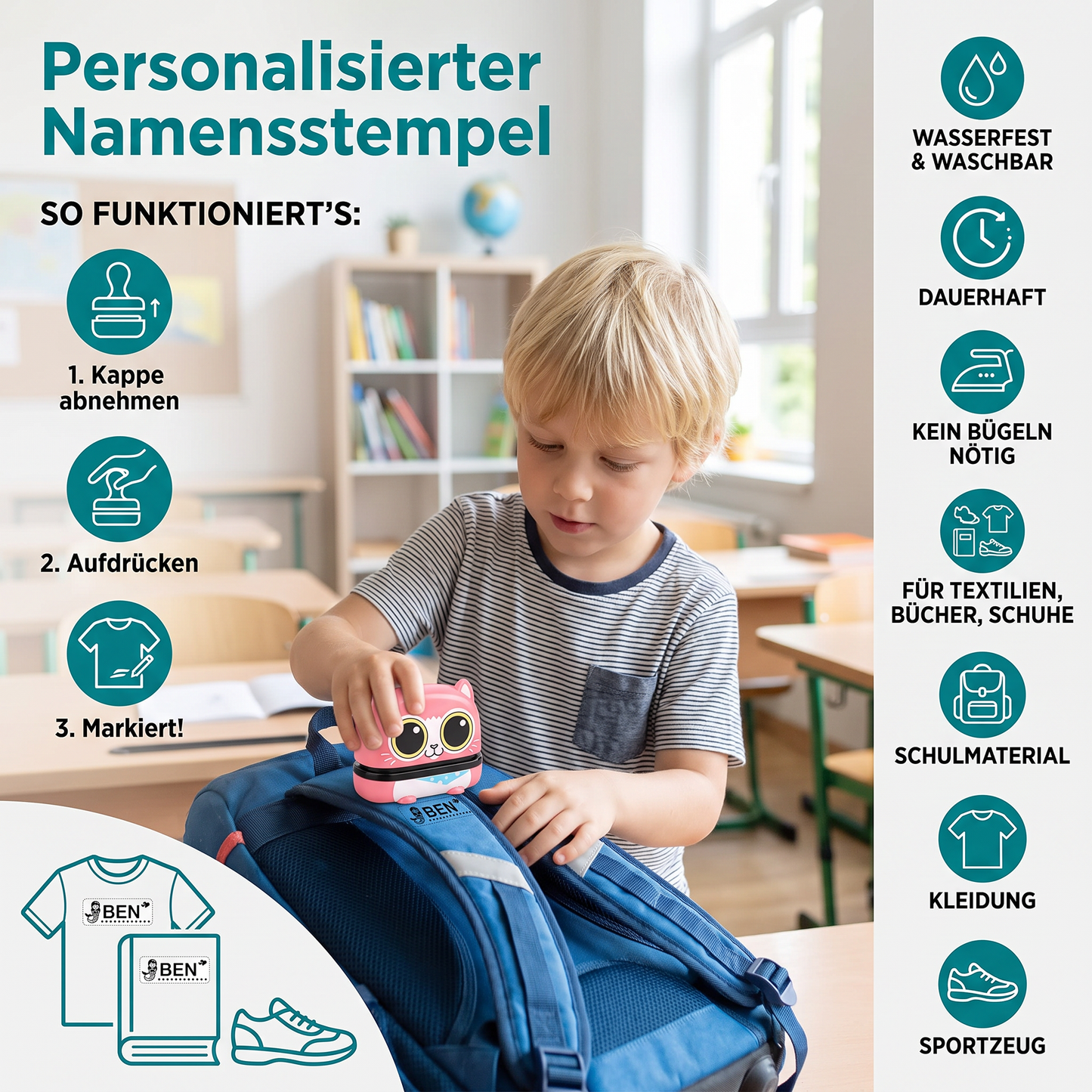Personalisierter Namensstempel für Kinder – dauerhaft für Kleidung und Schulmaterialien