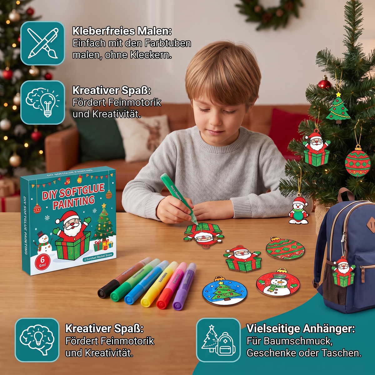 DIY-Weihnachtsanhänger-Bastelset mit kleberfreier Maltechnik für Kinder