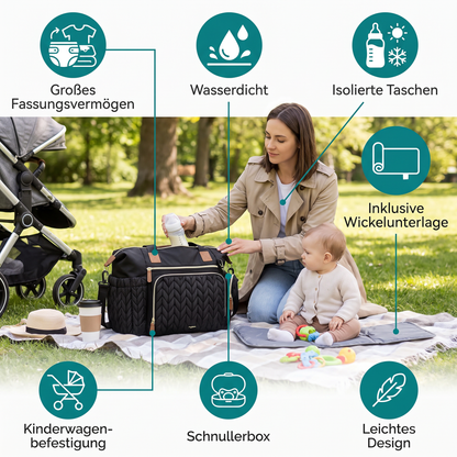 Leichte wasserdichte Wickeltasche – Großes Fassungsvermögen mit Wickelunterlage & Schnullerbox
