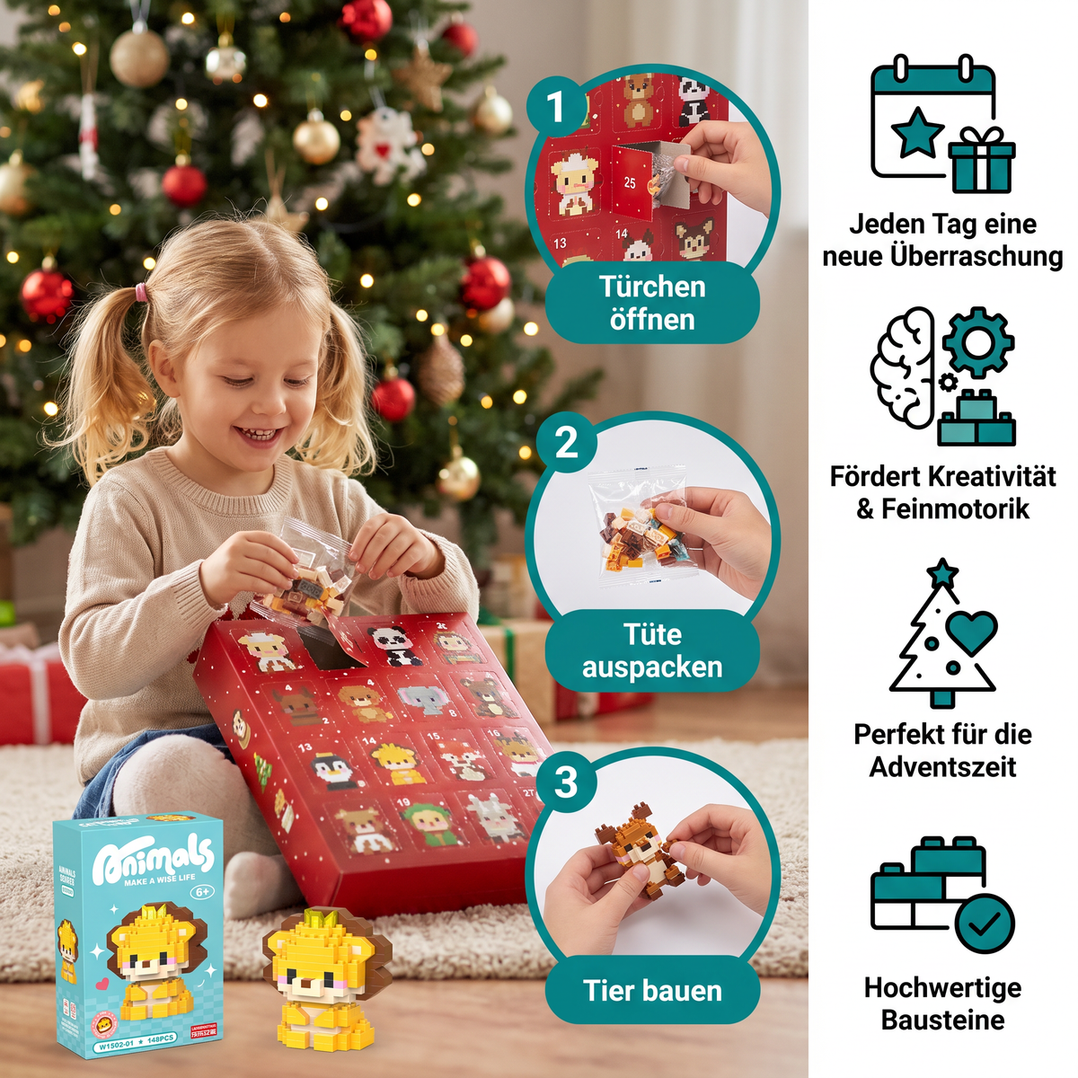Niedlicher Tier-Baustein-Adventskalender für Kinder