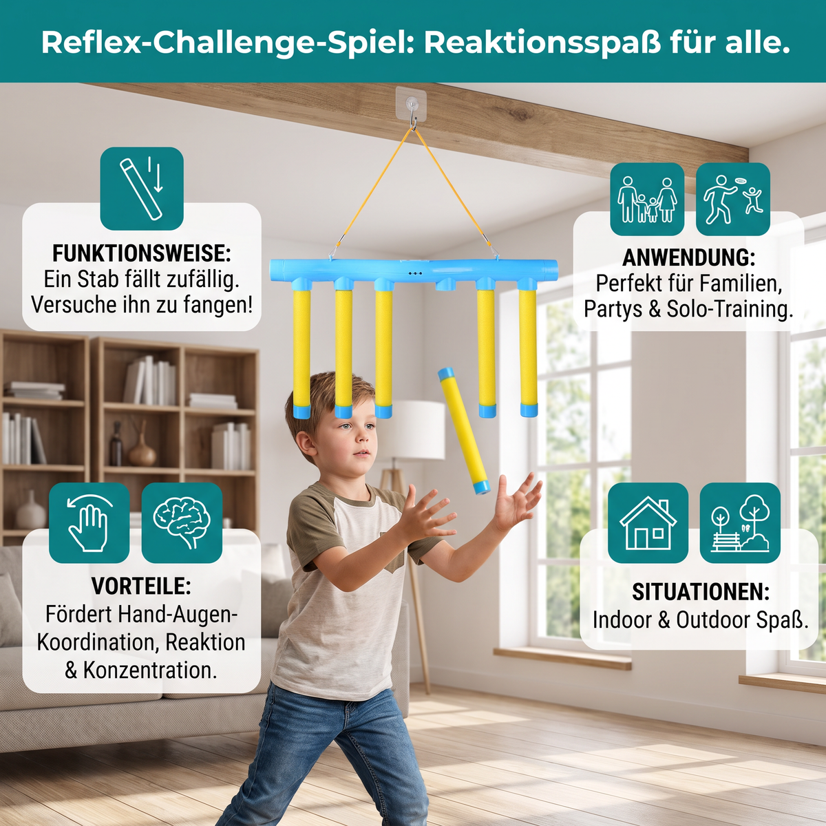 Reflex-Challenge-Spiel mit fallenden Stäben – Spielzeug zur Förderung der Hand-Augen-Koordination