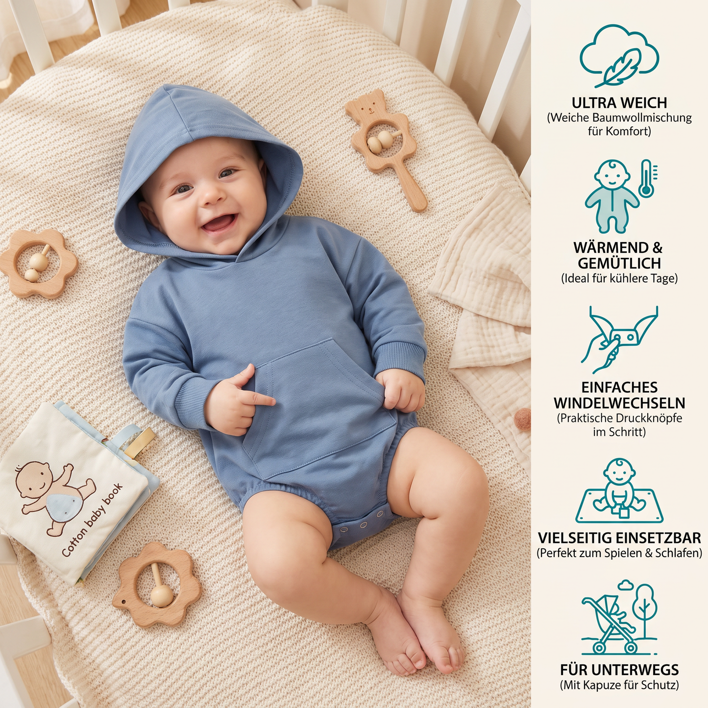 Baby-Strampler mit Kapuze – Weicher Langarm-Einteiler mit Fronttasche