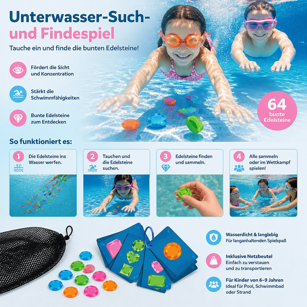 Unterwasser-Such- und Findespiel mit bunten Edelsteinen