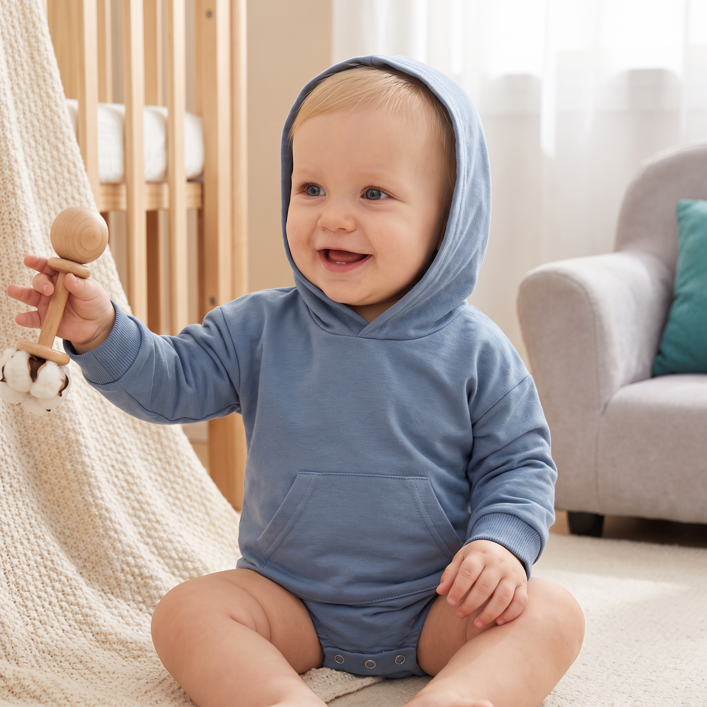 Baby-Strampler mit Kapuze – Weicher Langarm-Einteiler mit Fronttasche