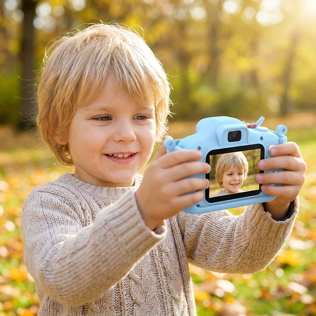 Wiederaufladbare Digitalkamera für Kinder mit Selfie-Modus, HD-Video & Silikonhülle