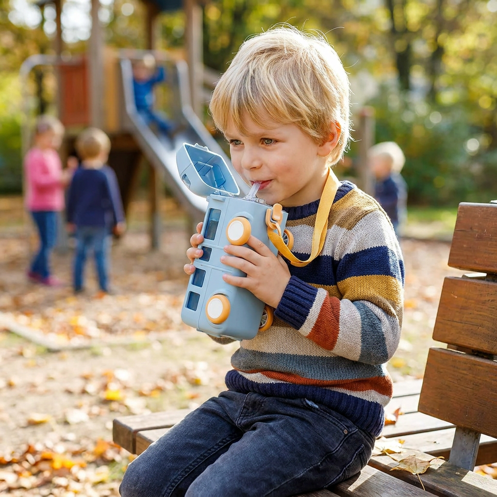 Kinder Trinkflasche im Bus Design mit Strohhalm und Verstellbarem Trageband