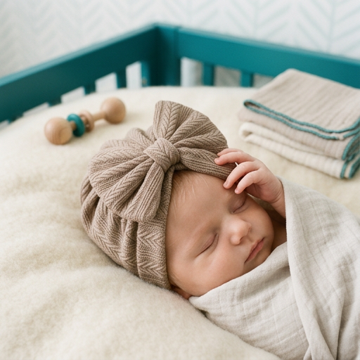 Geraffter Baby-Turban mit Schleife – Weiche Strickmütze für Neugeborene