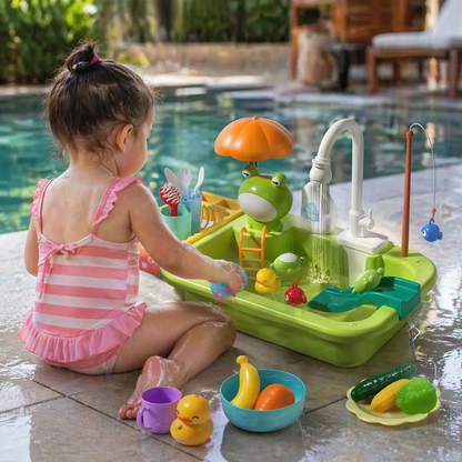 Kinder-Spielküche mit Wasserfunktion – Spülbecken Spielset mit elektrischer Wasserzirkulation & Angelspiel