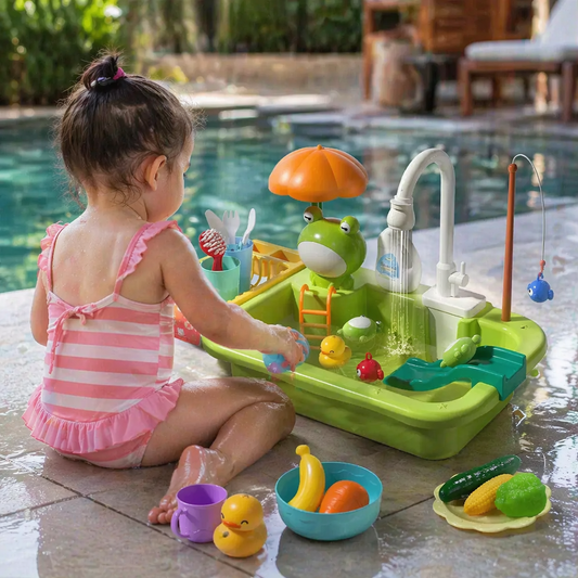 Kinder-Spielküche mit Wasserfunktion – Spülbecken Spielset mit elektrischer Wasserzirkulation & Angelspiel