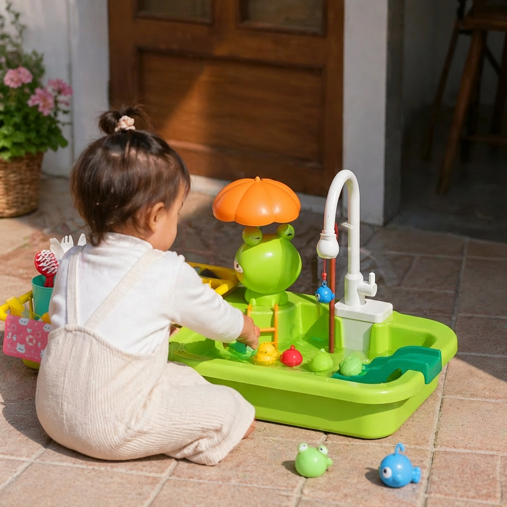 Kinder-Spielküche mit Wasserfunktion – Spülbecken Spielset mit elektrischer Wasserzirkulation & Angelspiel