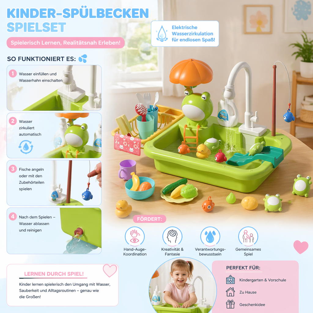 Kinder-Spielküche mit Wasserfunktion – Spülbecken Spielset mit elektrischer Wasserzirkulation & Angelspiel