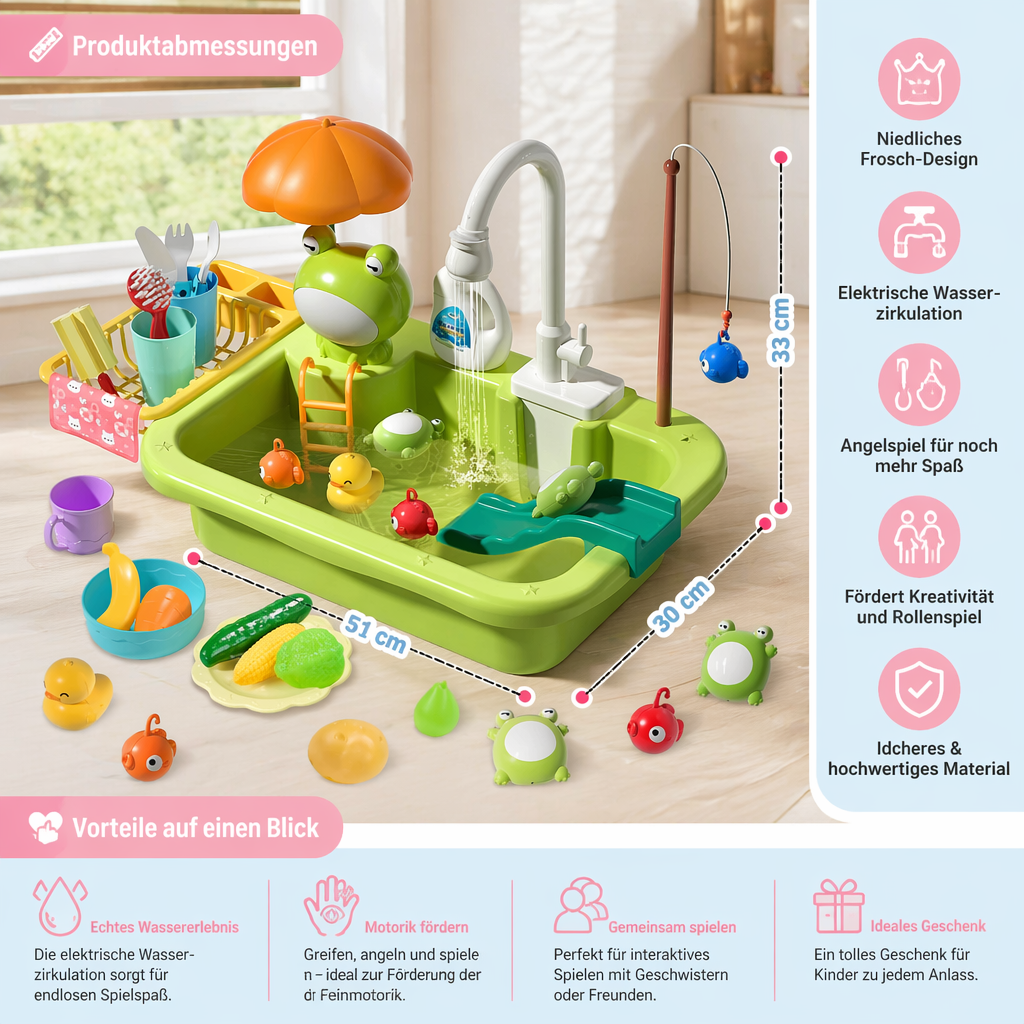Kinder-Spielküche mit Wasserfunktion – Spülbecken Spielset mit elektrischer Wasserzirkulation & Angelspiel