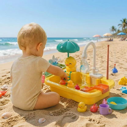 Kinder-Spielküche mit Wasserfunktion – Spülbecken Spielset mit elektrischer Wasserzirkulation & Angelspiel