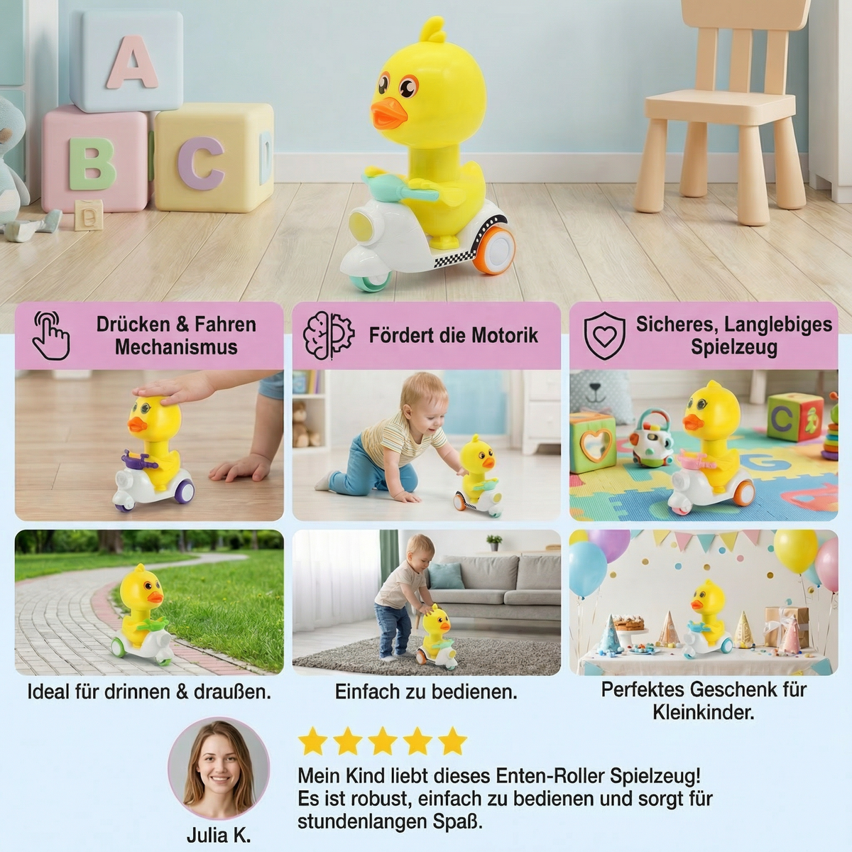 Gelbe Ente Roller Spielzeug – Drücken & Fahren für Kleinkinder