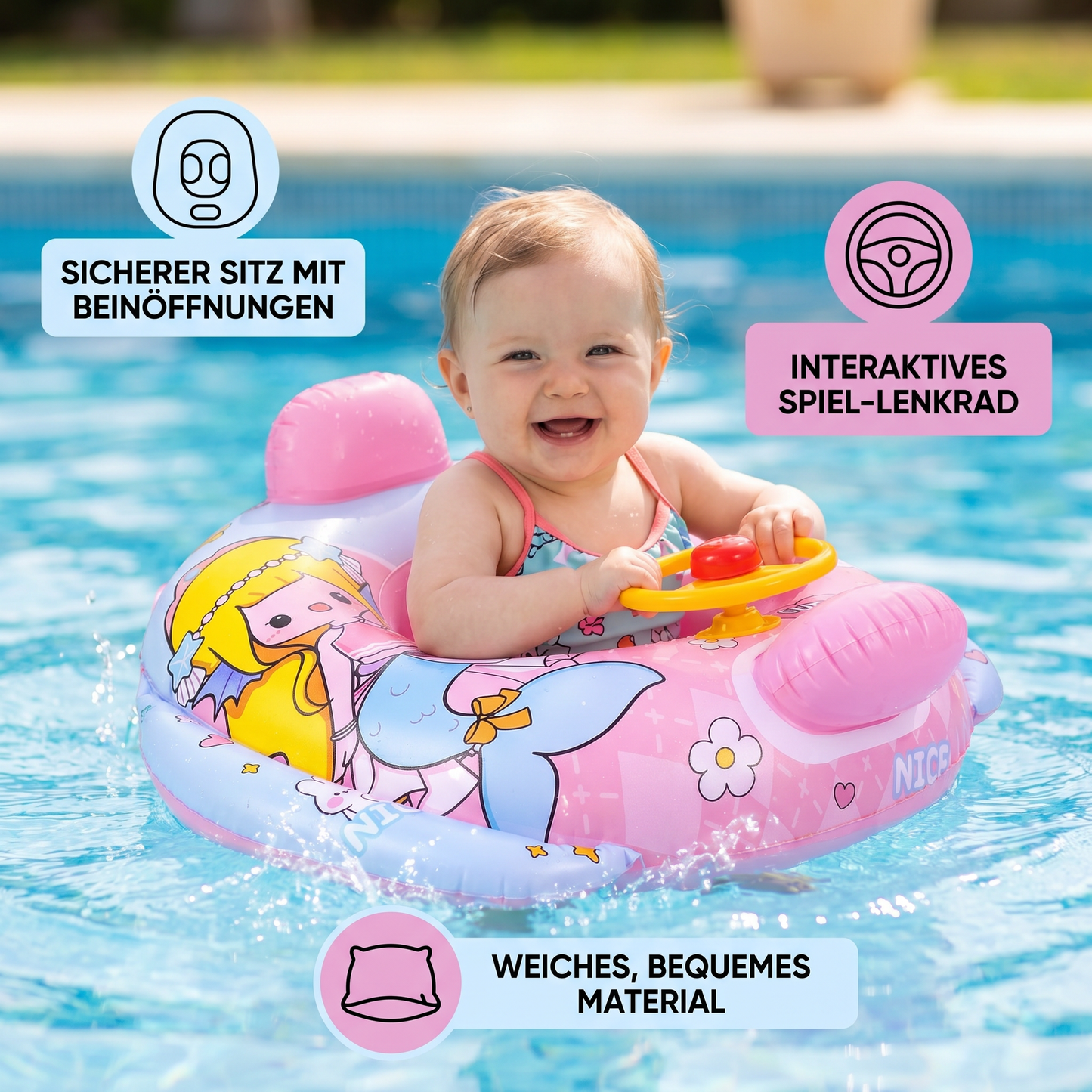 Aufblasbarer Babyschwimmring mit Sitz und Spiel Lenkrad