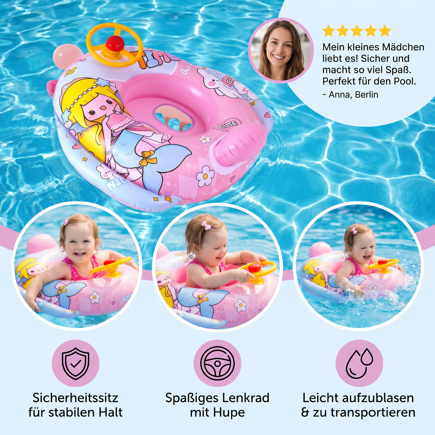 Aufblasbarer Babyschwimmring mit Sitz und Spiel Lenkrad