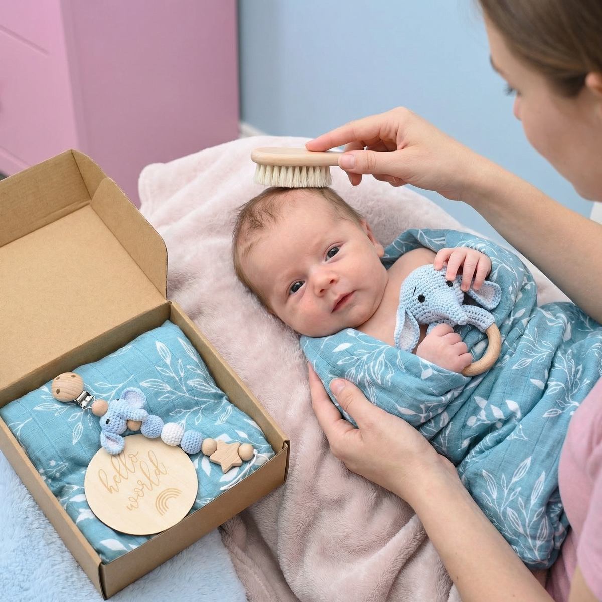 Neugeborenen Geschenkbox – Häkel-Tier Rassel, Holzspielzeug, Musselin Decke & Schnullerkette