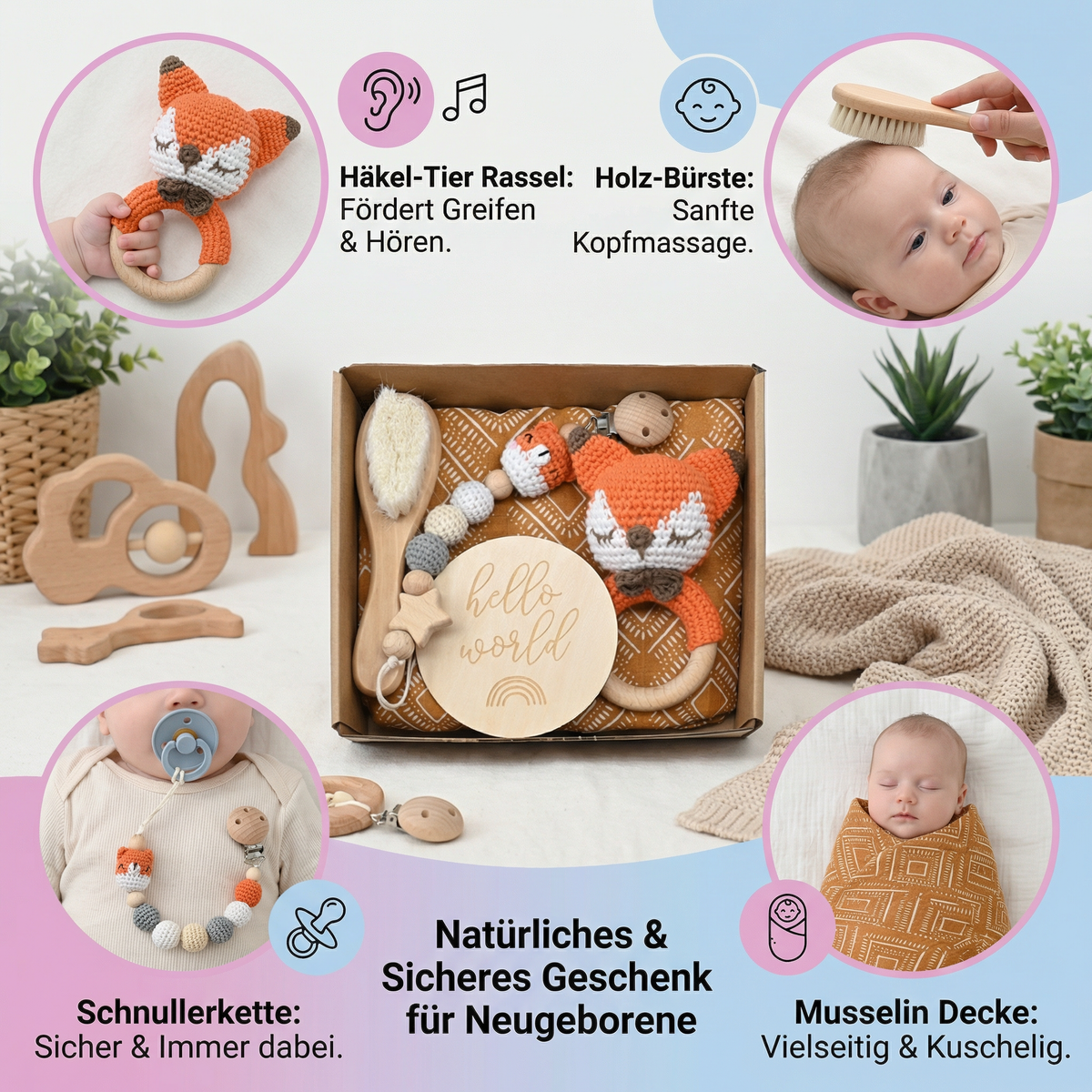 Neugeborenen Geschenkbox – Häkel-Tier Rassel, Holzspielzeug, Musselin Decke & Schnullerkette