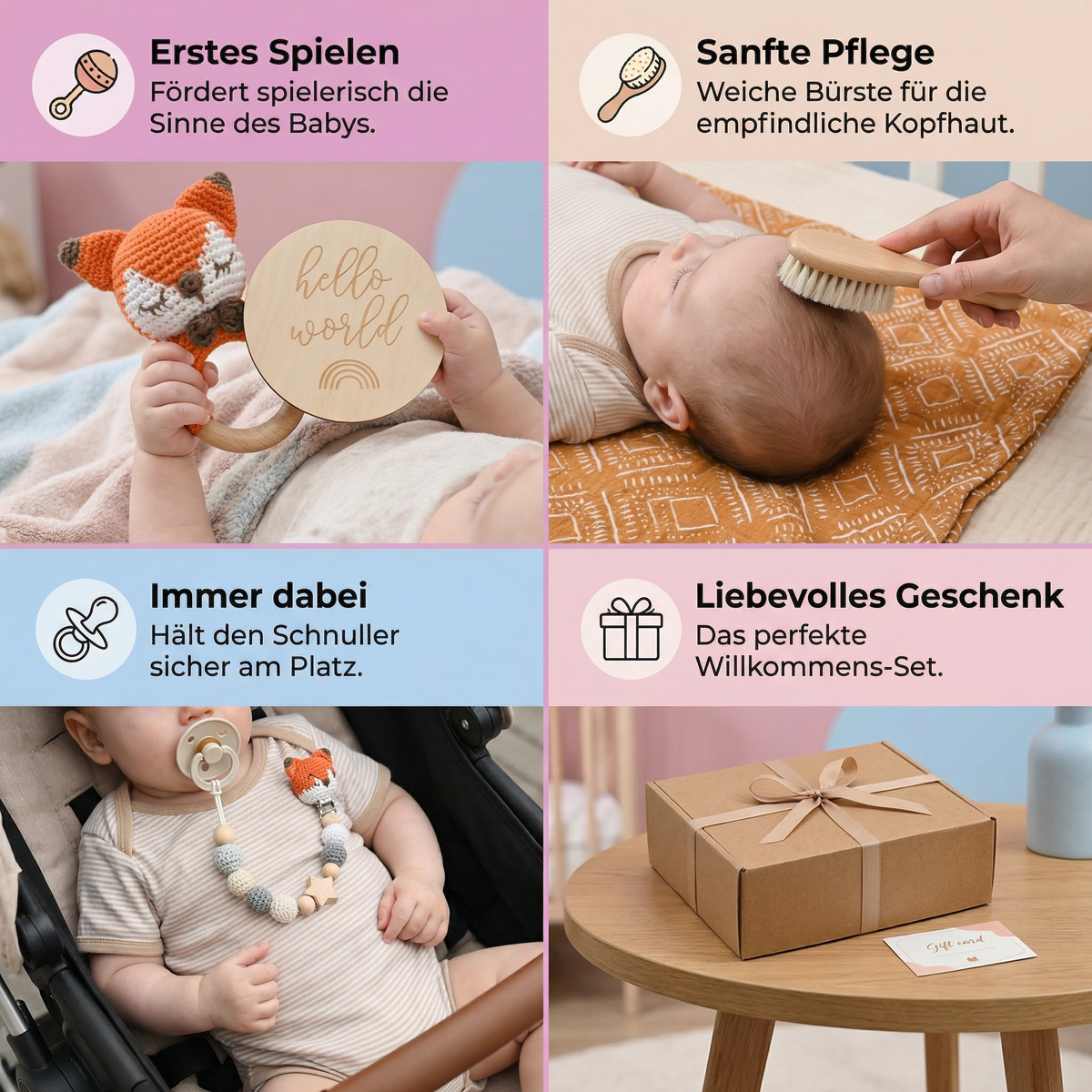 Neugeborenen Geschenkbox – Häkel-Tier Rassel, Holzspielzeug, Musselin Decke & Schnullerkette