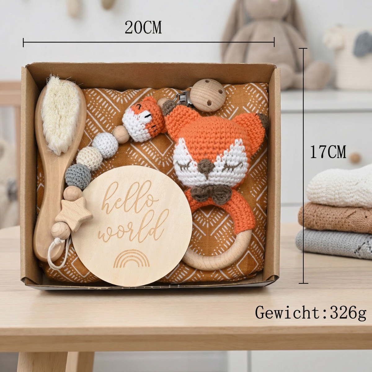 Neugeborenen Geschenkbox – Häkel-Tier Rassel, Holzspielzeug, Musselin Decke & Schnullerkette